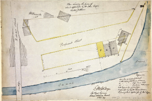 Detailierte Kartenskizze auf Papier mit Text, die Straßen, Gebäude und Sehenswürdigkeiten mit Standortinformationen zeigt.