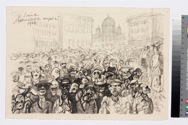 Schwarz-weiß-Zeichnung einer Demonstration mit Menschen, die vor einem hohen Gebäude schreien und gestikulieren, mit Farbskalen auf der rechten Seite.