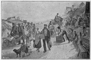 Eine Gruppe von Menschen, einige mit Taschen und einer auf einem Pferdewagen sitzend, geht eine Schotterstraße entlang mit einem Hund, Häusern im Hintergrund und Text unten, der "Deutsche Flüchtlinge in Deutschland" lautet.