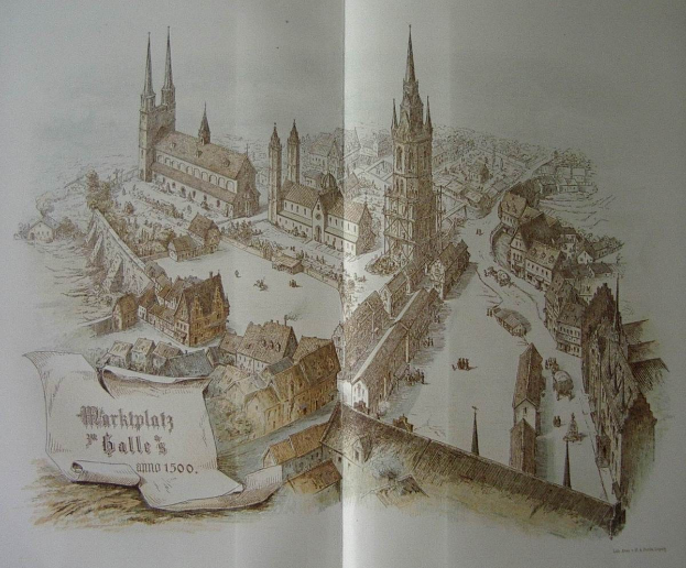 Offenes Buch mit einer detaillierten Zeichnung des Marktplatzes in Galle, Deutschland, mit Gebäuden und handgeschriebener Text auf dem Papier.