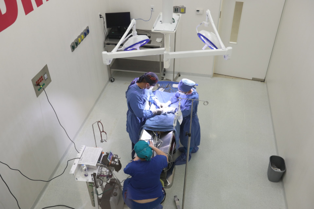 Chirurgen führen eine Operation an einem Patienten durch, umgeben von medizinischer Ausrüstung in einem Operationssaal.