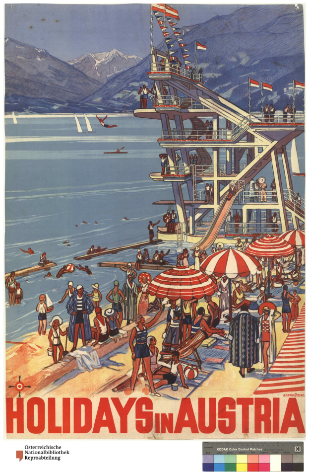 Ein Plakat bewirbt Urlaube in Österreich und zeigt Menschen am Strand mit Schirmen, ein Schiff im Hintergrund, schwingende Flaggen und entfernte Berge.