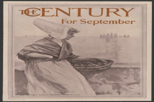 Eine Frau in einem weißen Kleid und blauer Schärpe hält einen Korb, mit der Aufschrift "Das Jahrhundert für September" darüber, vor einem sternenklaren Nachthimmel.