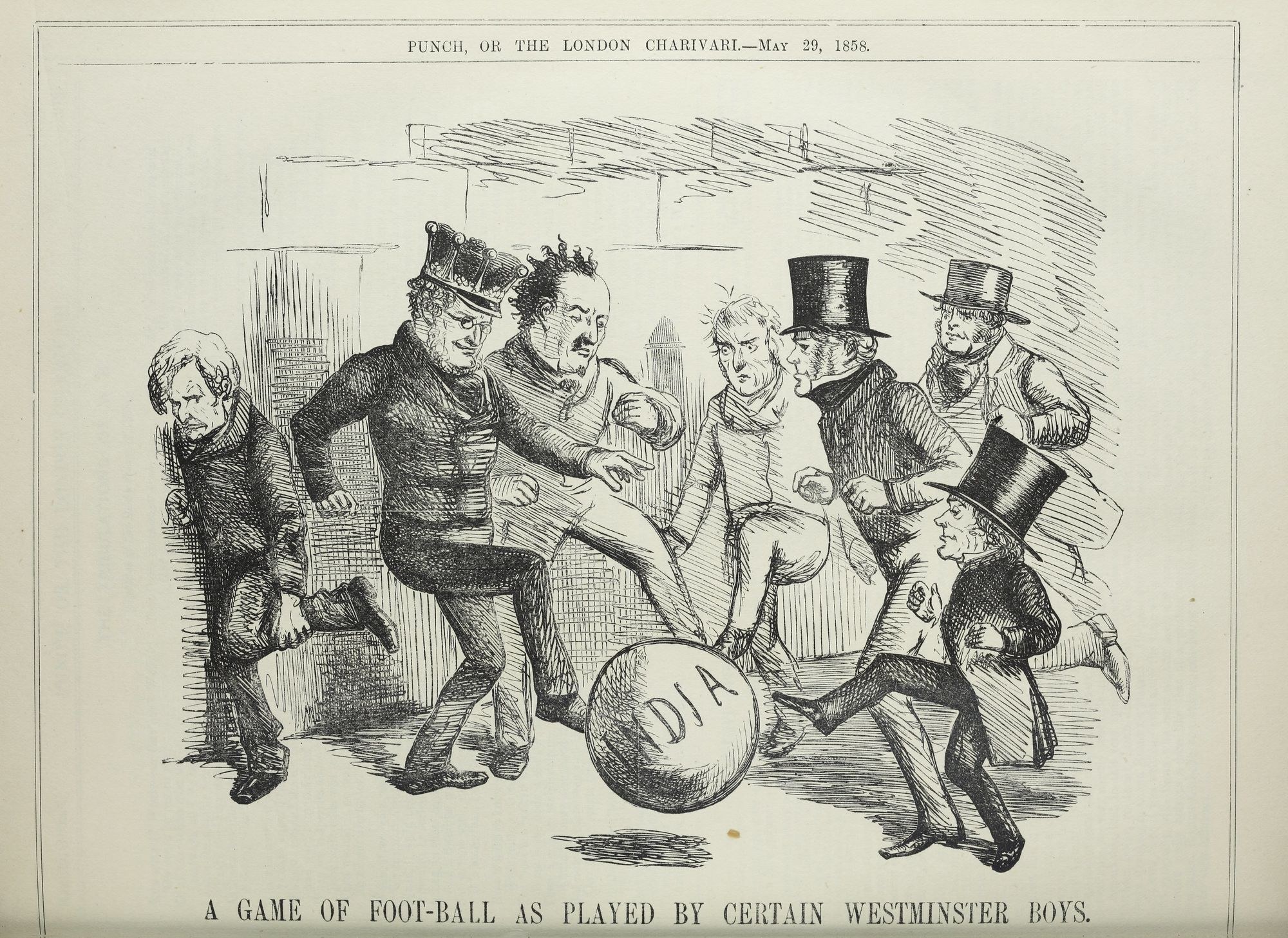 Eine handgezeichnete Abbildung einer Gruppe von Männern, die Fußball spielen, mit einem Ball in der Mitte, betitelt "Ein Fußballspiel wie von bestimmten Westminster-Jungs gespielt" unten.