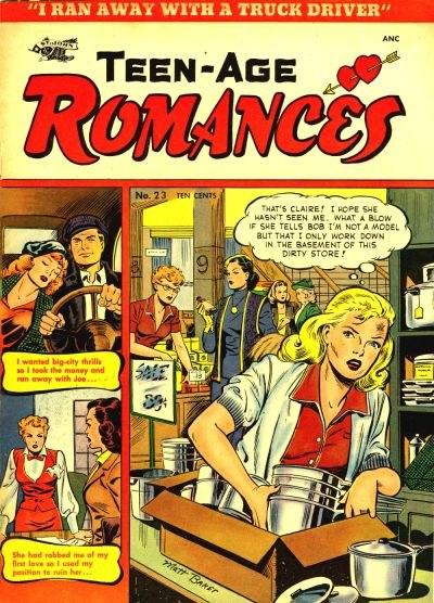 Ein farbenfroher DC-Comics-Plakat mit dem Titel "Teen-Age Romances 23-A", das eine strahlende Gruppe von Menschen in einer romantischen Umarmung zeigt.