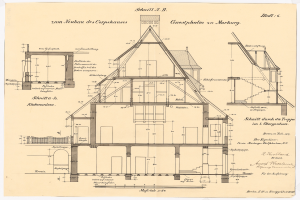 Ein detailliertes Bild des ersten Hauses in Deutschland, das ein Haus mit zahlreichen Fenstern und einem Dach zeigt, begleitet von umfassenden Plänen und Texten, die die Struktur beschreiben.