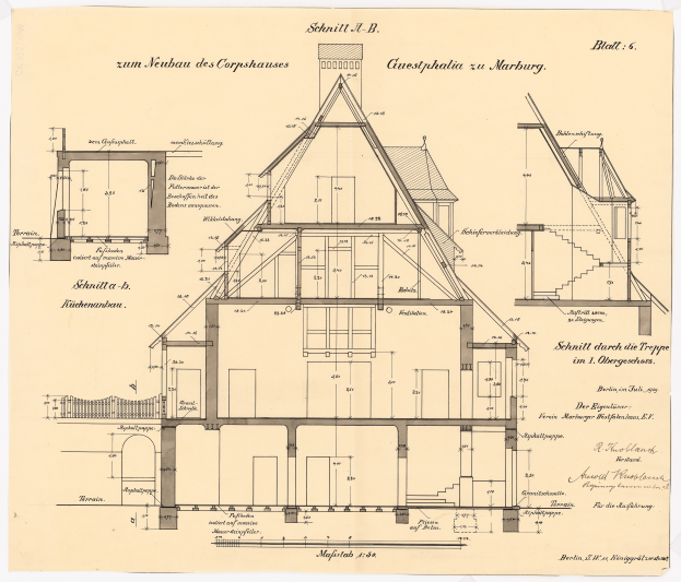 Ein detailliertes Bild des ersten Hauses in Deutschland, das ein Haus mit zahlreichen Fenstern und einem Dach zeigt, begleitet von umfassenden Plänen und Texten, die die Struktur beschreiben.